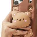 Kawaii 3D Teddy Bear Phone Case for iPhone 17 Pro (with Retractable Phone Stand & Grip) Cute Girly Cartoon Soft Silicone Phone Cover for Girls, Kids, Teens, and Women, Brown
