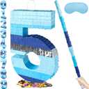 PCFING 20 Inch Number 5 Piata Blue Silver with 30 Inch Piata Stick Blindfold Confetti for Boys Girls Adults Birthday Party Decorations, Anniversary Celebration, Fiesta