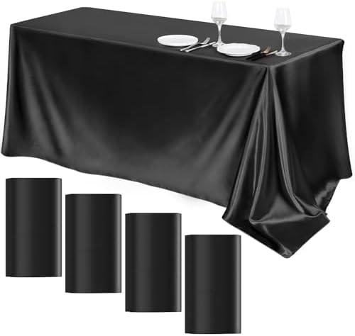 TURSTIN 4 Packs Black Satin Tablecloth 102 x 58 Inch Overlay Satin Table Cover Rectangle Bright Silk Tablecloth Smooth Fabric Table Decoration for Wedding Banquet Party Events