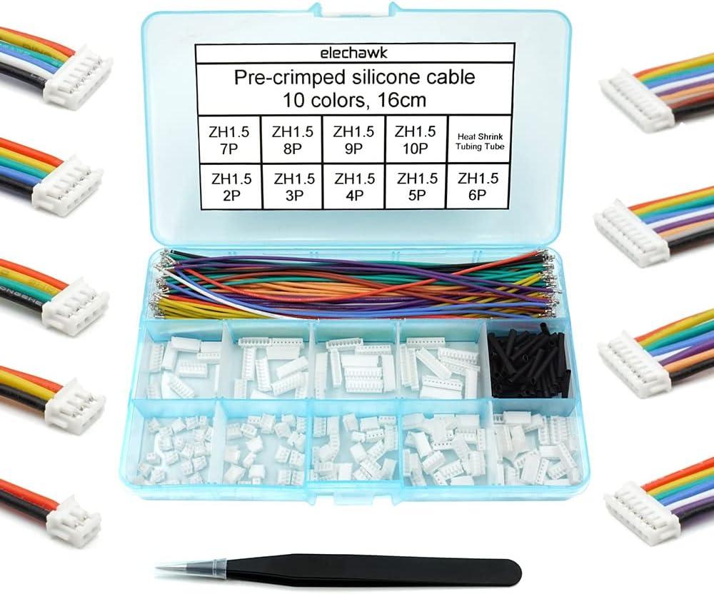 ZH 1.5MM Connectors and 28AWG Pre-Crimped Silicone Cables kit Compatible with JST ZH 1.5 Connector 2/3/4/5/6/7/8/9/10 Pin Housing Adapter Cable with Length of 160mm (6.3inch) Wire