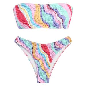 ZAFUL Women Strapless High Cut Bandeau Bikini Lace Up 2 Pieces Swimwear, Pink, S