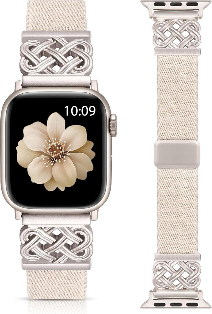 Minyee Magnetic Stretchy Band Compatible with Apple Watch Bands 42/44/45/46/49mm Women Men, Celtic Knot Soft Elastic Nylon Fabric Strap for iWatch Series 11 10 9 8 7 6 5 4 SE/Ultra 3 2 1 (Starlight/Starlight)