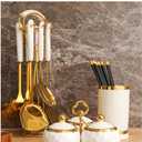 AQUAX Stainless Steel kitchenware seven Pieces Set (White Gold).Cooking Utensils 7 pcs Set with hanging shelf .Include Slotted Spoon, Slotted Spatula, Large Spoon, Soup Ladle, Spatula, Pasta spoon.