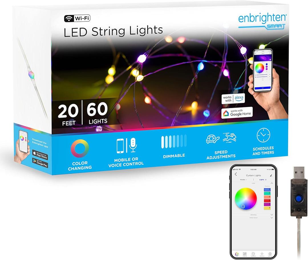 Enbrighten LED Wi-Fi Smart String Lights, Color Changing, USB Powered, Smart Control, Bluetooth, Various Color Options, Fairy Lights, Bedroom, Patio, Living Room, Play Room, and More, 69281-T2