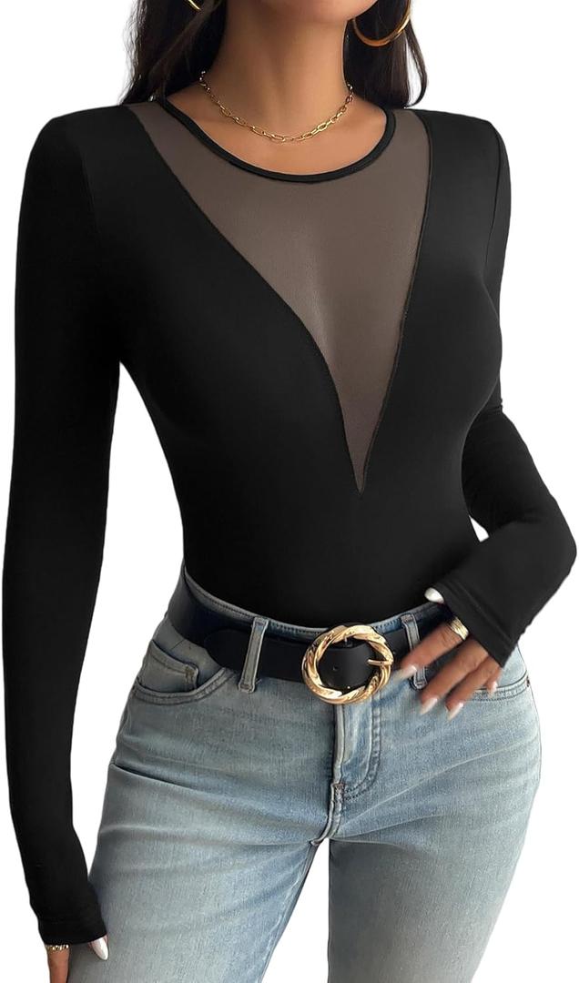 Trendy Deep V Sheer Mesh Women's T Shirts Long Sleeve Going Out Basic Tops (Black, M)
