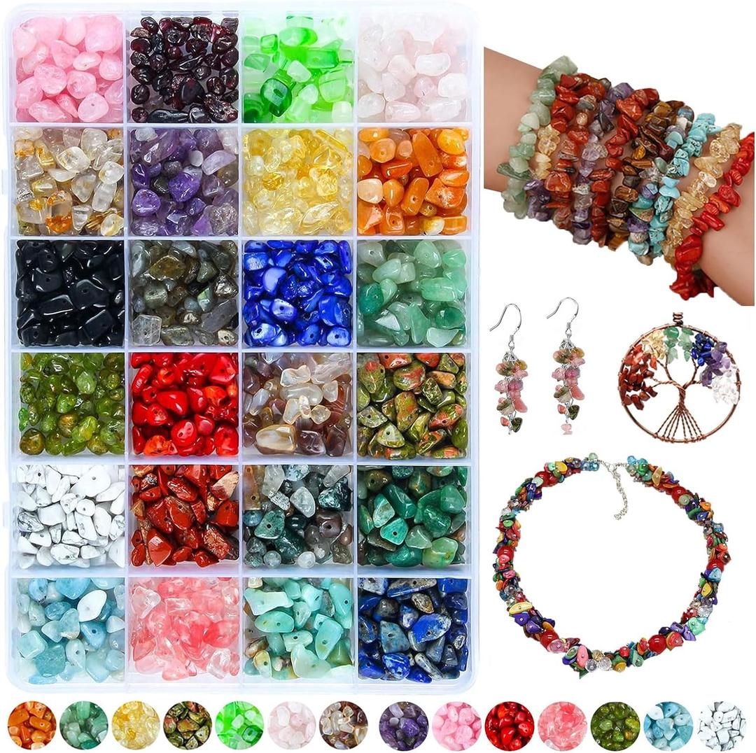 Colle 24 Colors 1200Pcs Natural Chips Stone Beads Multicolor 5mm to 8mm Irregular Gemstone Healing Crystal Loose Rocks Bead Bulk Hole Drilled DIY Jewelry Making Craft for Bracelet Necklace Earrings