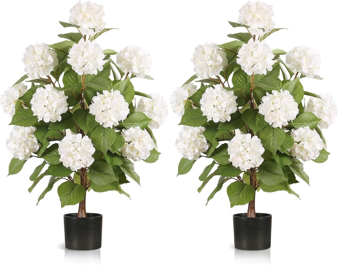 3FT Artificial Hydrangea Tree with White Flowers, 2 Pack Faux Silk Plant Fake Hydrangea Bush Flower Tree for Porch Patio Living Room Decor