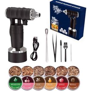 Whiskey Smoker Electric Set Bourbon Christmas Gifts for Men Old Fashioned Smoker Drink With 6 Wood Chips and 6 Whiskey Stones Food and Cocktail Smoked Kitchen Bar Tools Cool White Elephant Gifts Black