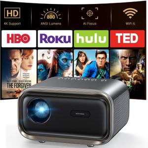 Projector with WiFi and Bluetooth: [Auto Focus/Keystone] - NICPOW Full HD 1080P 4K Supported Portable Bluetooth Projector for Gaming Devices and Phones - Ideal for Indoor Outdoor Use - Grey