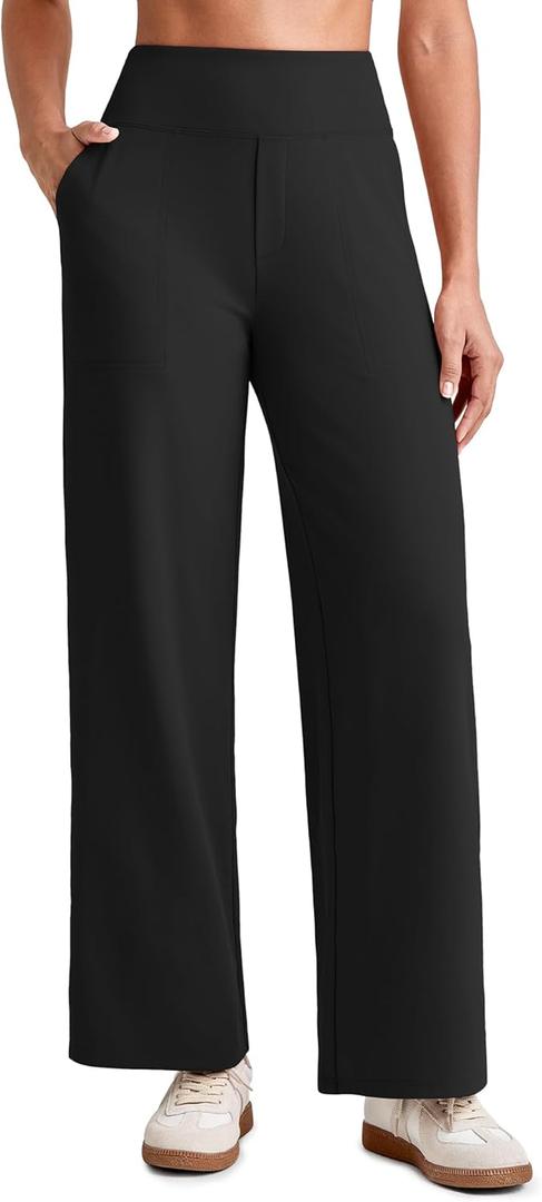 G4Free EverGoing Wide Leg Ankle Pants for Women 7/8 Length Yoga Dress Pants High Waist Stretch with Pockets Casual Work (Medium, Black)