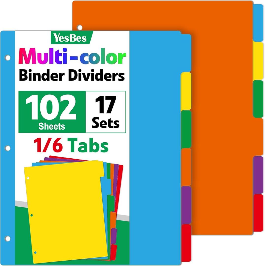 102 Pcs Colored Binder Dividers with Tabs, 1/6 Cut Tabs, Dividers for 3 Ring Binder, Blank Write On Binder Dividers in 6 Tab Sets, Letter Size, 102 Dividers, 17 Sets, Multicolor