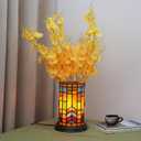 Tiffany Style Stained Glass Bohemian Block Table lamp Living Room Bedroom Bedside Flower Vase Decor Small Night Light Mini Cute Kids Accent Cottage Aesthetic Nightstand Cylinder Desk lamp
