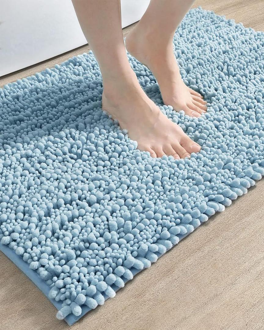 DEXI Bathroom Rug 16x24, Super Soft Thick Chenille Absorbent Bath Mat, Non Slip Machine Washable Fluffy Shag Bathmat for Tub, Shower Floor, Light Blue