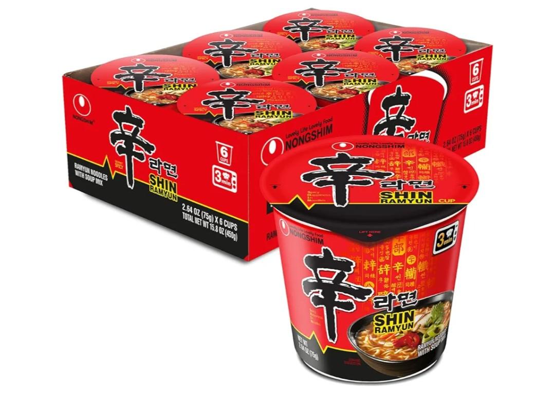 Nongshim Shin Ramyun Cup of Noodles, Spicy Signature Korean Instant Ramyun, Rich Beef Flavored Broth, Quick and Easy, Microwaveable Cup, 2.64 oz (Pack of 6), BBD 06/25/2026