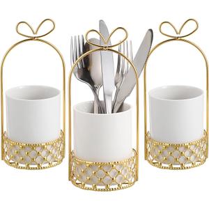 JUXYES Ceramic Silverware Holder For Tabletop, White Cutlery Holder With Golden Metal Bracket, Decorative Flatware Holder Countertop Utensil Holder Organizer for Wedding Kitchen Dining Tables