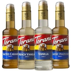 Torani Flavored Drink Syrup Café Variety Pack, Vanilla, Salted Caramel, Classic Hazelnut & French Vanilla, 12.7 fl oz (Set of 4)