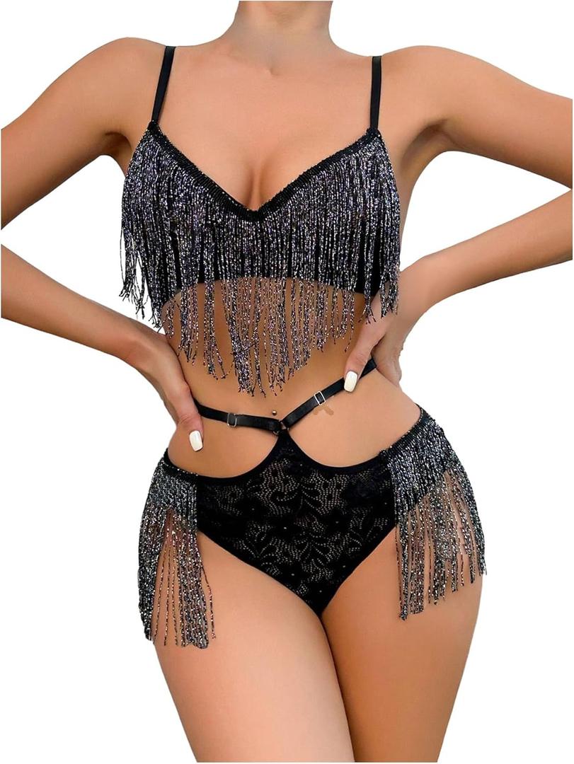 SweatyRocks Women's Fringe Cut Out Lace Bra and High Waist Panty Sets 2 Piece Sexy Lingerie (Black, L)