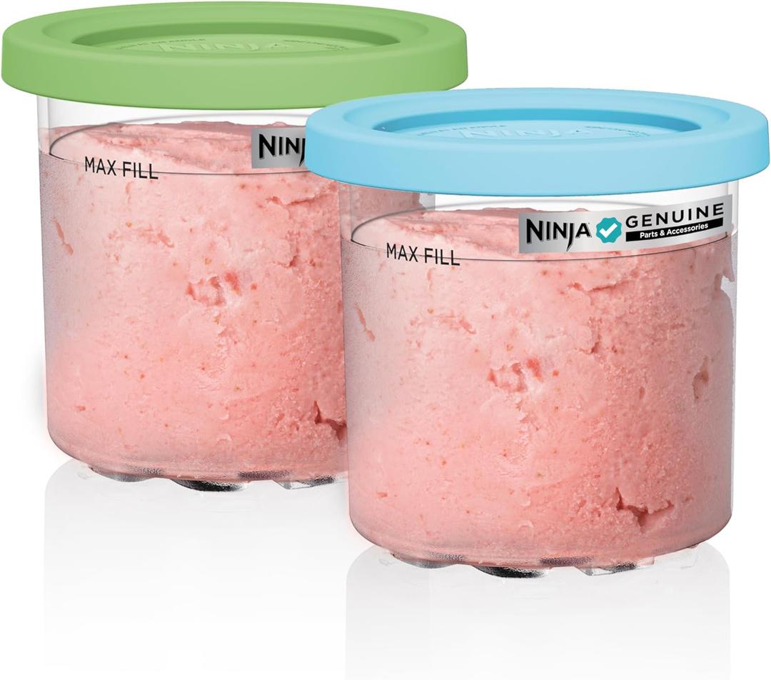 Ninja CREAMi Original Pints 2 Pack, Compatible with NC299AMZ & NC300s Series CREAMi Ice Cream Makers, BPA-Free & Dishwasher Safe, Color Lids, 1 Pint Each, Clear/Lime/Aqua, XSKPLID2CD