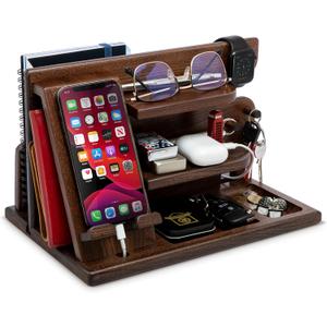 TESLYAR Wood Phone Docking Station for Men - Desktop or Nightstand Organizer - Birthday gifts for Men or Dad - Anniversary Idea from Wife - Key Holders, for Wallet, Watch & Essentials (Chestnut Brown)