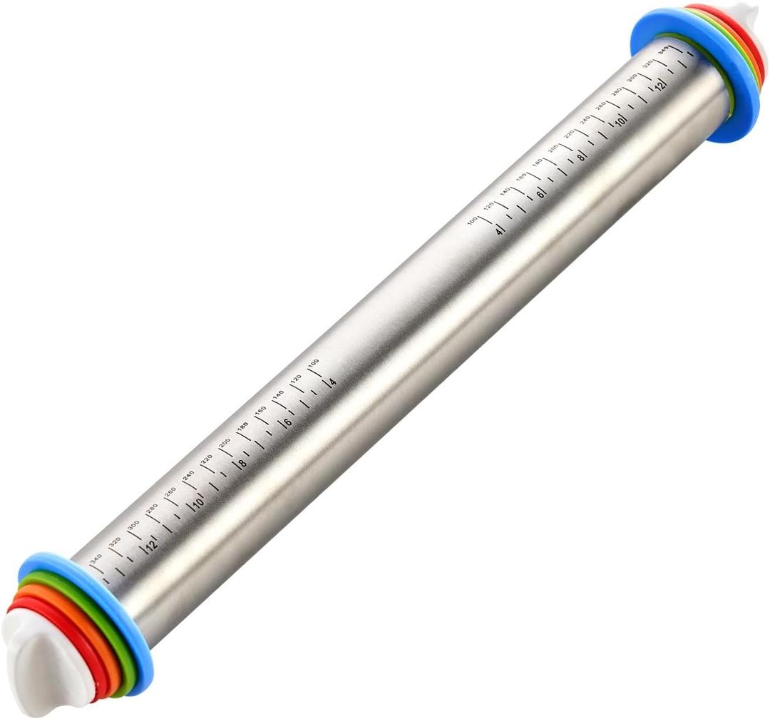 Adjustable Rolling Pin 17” with 4 Thickness Rings for Baking, Stainless Steel Dough Roller with Clear Measurement for Pizza, Fondant, Pie, Cookies, Baking Supplies, Pastry, Pasta