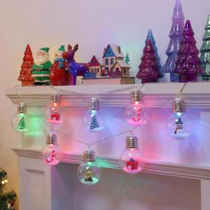 1 Pc Christmas Bulbs String Lights 6.6ft 10 LED Snow Globe Lamp Spherical Lights with Tree Snowman Candy Santa Claus Gift Box for Bedroom Table Party Battery Operated (Colorful Light)