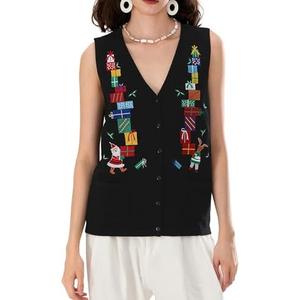 Women Christmas Knit Vest Button Down V Neck Sweater Vest Sequin Embroidered Sleeveless Cardigan Xmas Clothes, L
