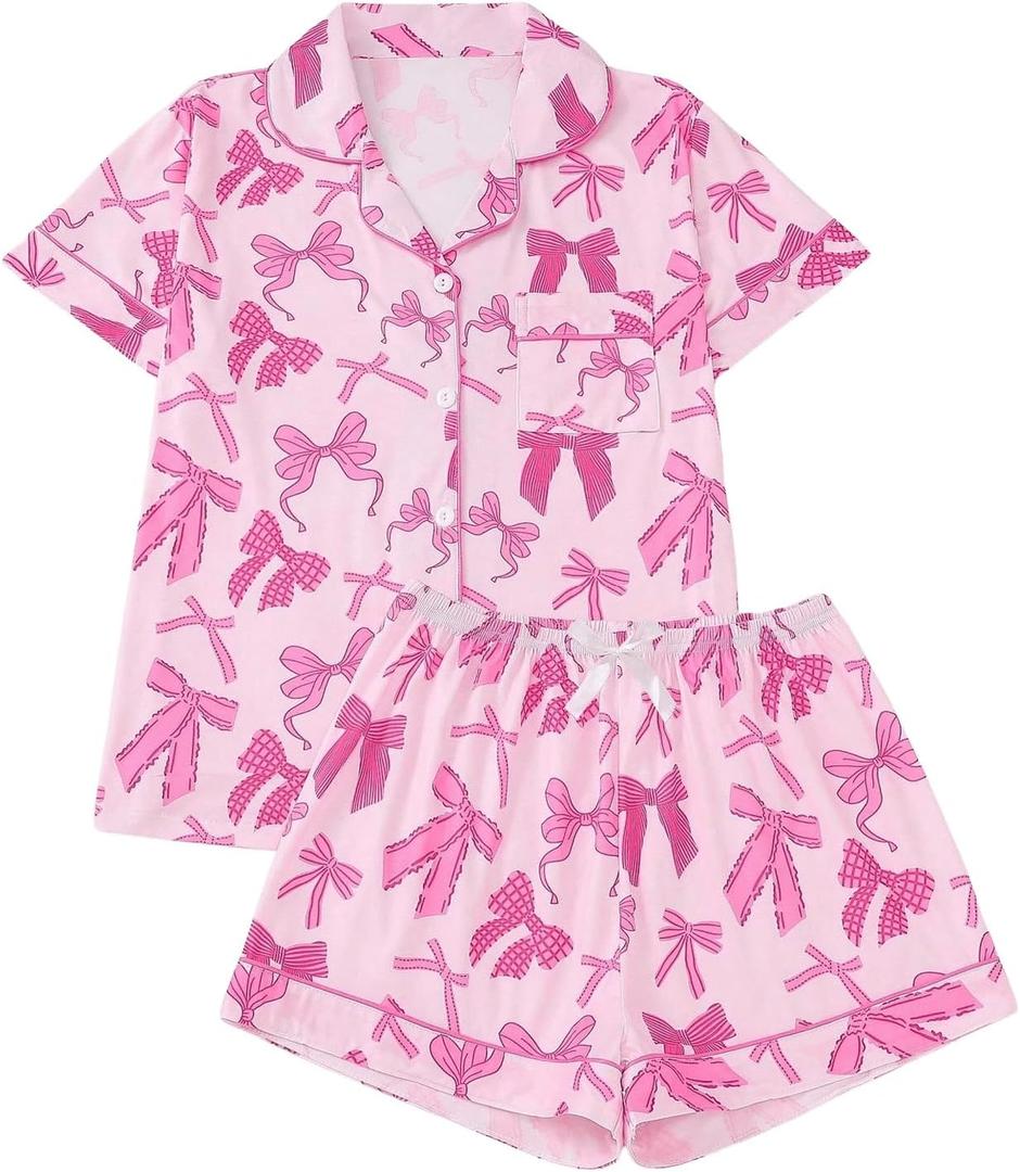 WDIRARA Women's 2 Piece Bow Print Pajama Set Short Sleeve Button Down Lounge Shorts Sleepwear Sets (XX-Large, Hot Pink)