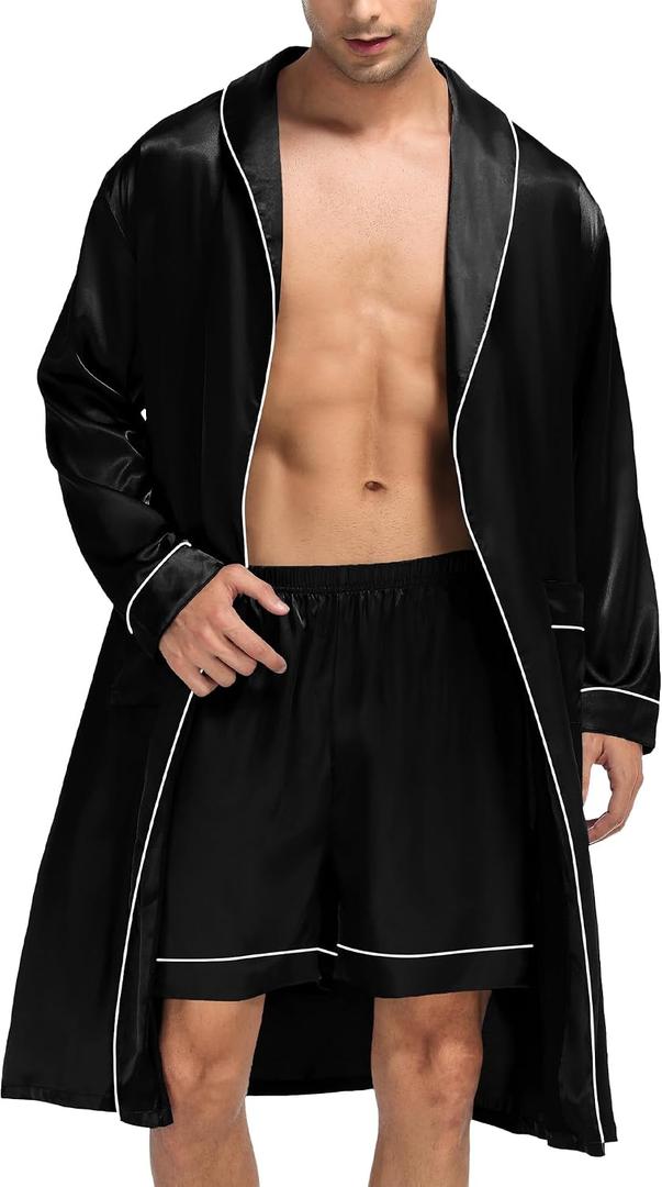 SWOMOG Men's Satin Robe Silky Kimono Bathrobe with Shorts Set Lightweight Soft Loungewear Nightwear (Black, L)