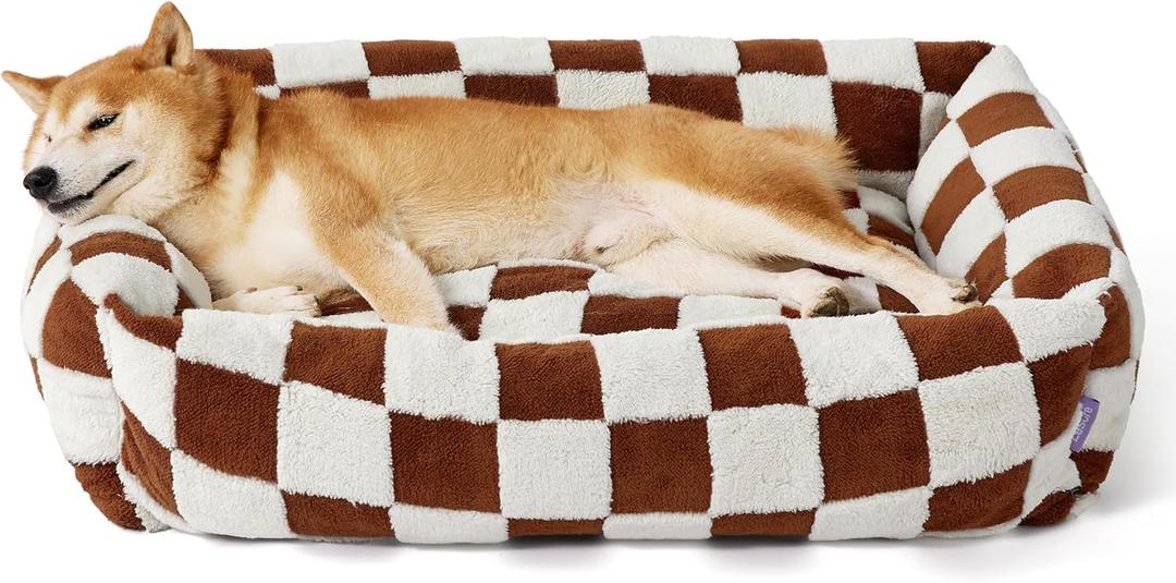 LE SURE Cute Dog Bed for Large Dogs - Washable Pet Beds,Cozy Rectangle Orthopedic Sofa with Jacquard Shaggy Plush & Anti Slip Bottom,36x27x8inches (Brown Checks)