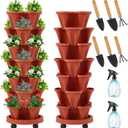 Umigy 2 Set of 7 Tier Vertical Planter Stackable Tower Planters Strawberry Herb Flower and Vegetable Pots Indoor Outdoor Gardening Pots with Removable Wheels and Tools(Brick Red)