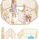 CONKKA Foldable Wooden Baby Playpen Large Play Yard for Babies, 2 in1 New Mom Helper Portable Fence, Custom 25" Tall Wood Gate with Adjustable Size & Shape for Infants 3-16 Months -63x63x25 inch