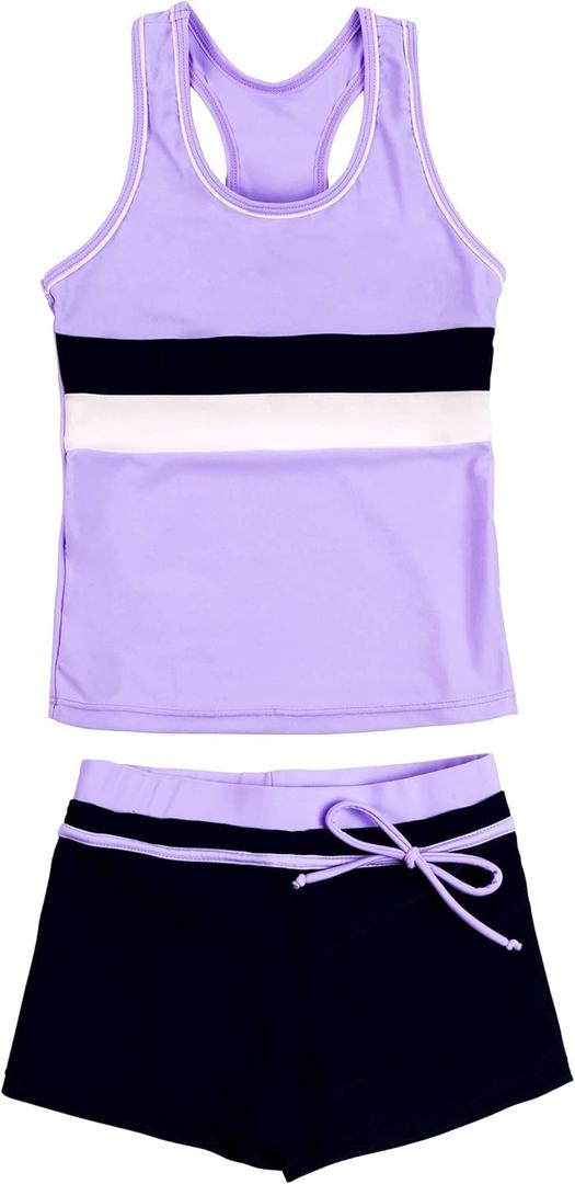 Little Girls' Summer Swimwear Two Piece Boyshort Tankini Kids Swimsuit (14-15 Years, Purple)