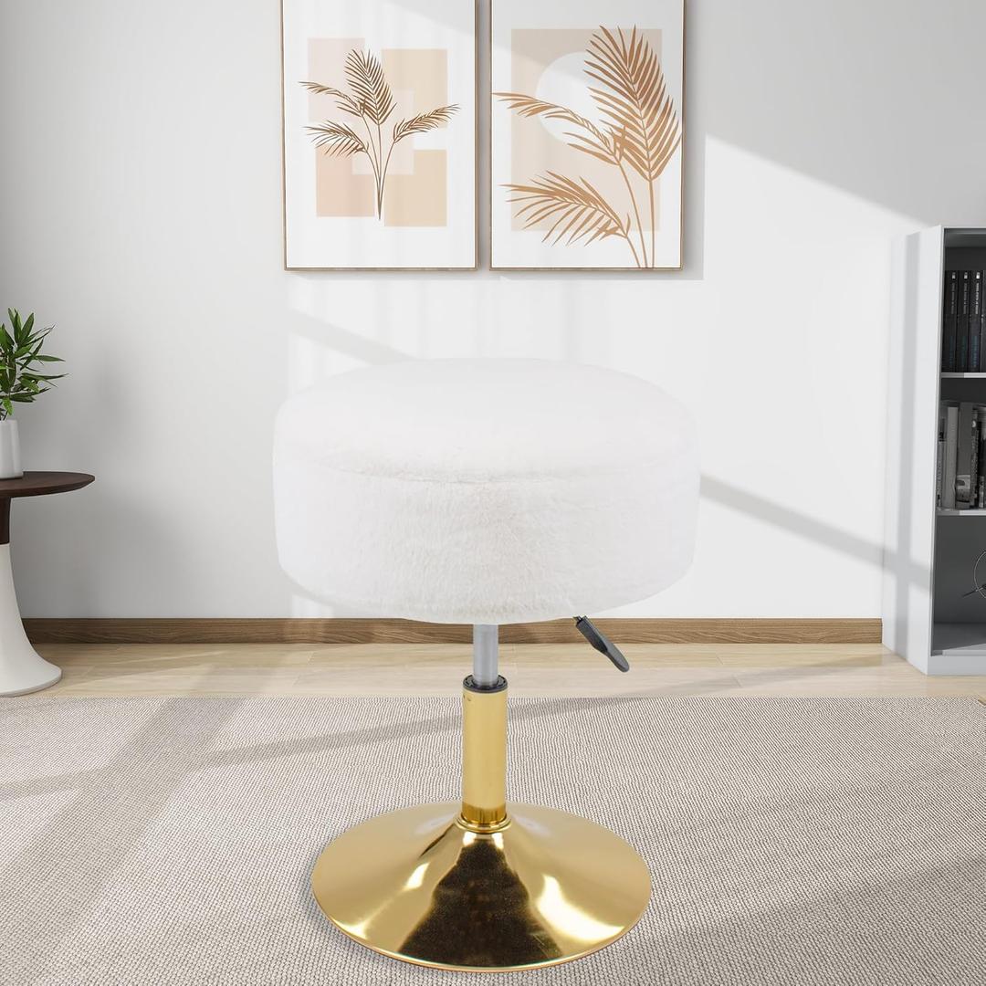 White Vanity Stool for Makeup Room, Faux Fur Vanity Chair Height Adjustable Round Storage Ottoman, 360 Swivel Footrest for Living Room Bedroom (15 inches)