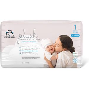 Amazon Brand - Mama Bear Plush Protection Diapers - Size 1, 16 Count, Hypoallergenic Premium Disposable Baby Diapers