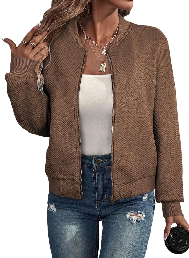EVALESS Womens Bomber Jacket Coat Casual Stand Collar Zip Up Lightweight Fall Fashion Jackets Outfits with Pockets (Small, Brown)