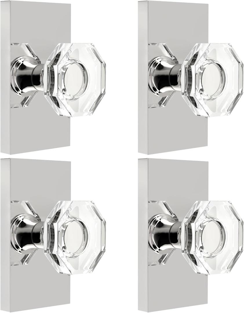 SHINY HANDLES Octagon Crystal Glass Half Dummy Door Knob Polished Chrome, No-Turning Bifold and Closet Door Knobs,4 Pack