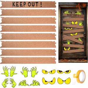 TecUnite Halloween Door Decorations Covers Boarded Up Window Keep Out Door Decor with Terrifying Eyes and Hands Stickers for Window Front Porch Sign Wall Party Decorations(Green Hand,Bright)