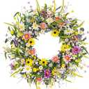 Yawwind 22 Inches Summer Wreaths for Front Door Spring Flower Wreaths Summer Door Wreath Colorful Wildflower Wreath with Daisy Lavender for Window Indoors Outdoor Decor