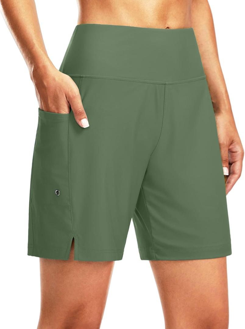 G Gradual Women's 7" Long Swim Board Shorts High Waisted Quick Dry Beach Swimming Shorts for Women with Liner Pockets (Green, XL)