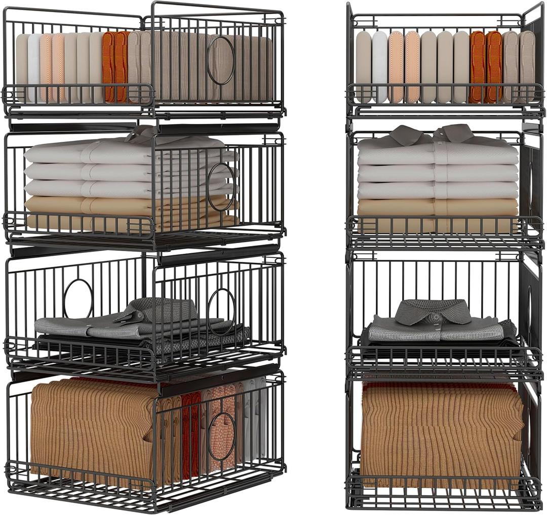 Metal Drawer Organizer for Closet with Sliding Rail, Metal Bbasket Storage Drawers for Wardrobe, Stackable Wire Bins for Clothing and Accessories-Black-4-Pack