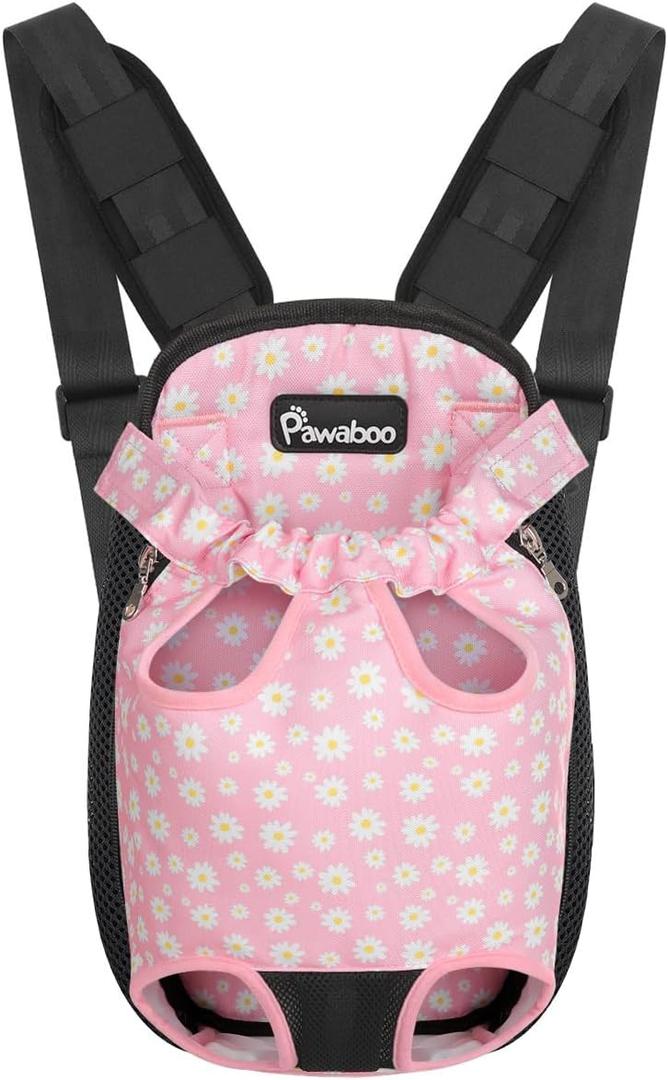 Pawaboo Pet Carrier Backpack, Adjustable Pet Front Cat Dog Carrier Backpack Travel Bag, Legs Out, Easy-Fit for Traveling Hiking Camping for Small Medium Dogs, Large Size, Black + Pink Daisy