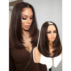 Quantum Love Yaki Straight Layered Bob U Part Wig V Part Highlight Brown Glueless Clip in Half Wigs for Women Realistic Natural Looking Heat Resistant Synthetic Hair(14inch,Highlight Brown)