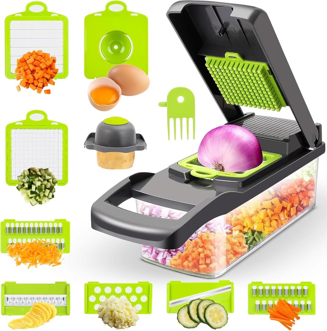 15-in-1 Vegetable Chopper & Mandoline Slicer by Global Digitronix  BPA-Free Veggie Cutter with Stainless Steel Blades, Onion Chopper & Food Dicer, Fruit & Vegetable Slicer  Black & Green