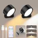 Brightown LED Magnetic Wall Sconce Lights, 2 Pack USB Rechargeable Wall Mounted Lights with Remote, 3 Lighting Colors and Dimmable, 360 Rotation Cordless Wall Mount Lamp for Bedroom, Black