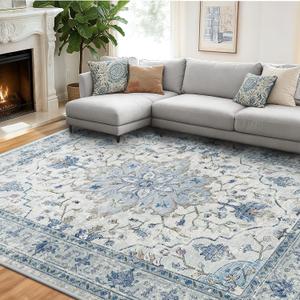RELEANY Washable Vacuum-Friendly Area Rugs 8'x10' Blue/Gray
Low Pile Stain-Resistant, Soft Non-Slip, Floral Vintage Distress Print Pattern Medallion, for Living Room Bedroom Hallway