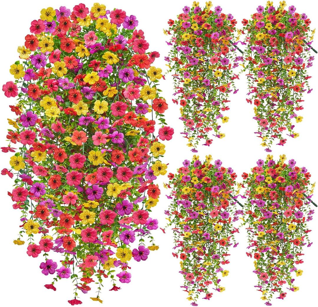 Artificial Hanging Flowers for Outdoors Summer Decoration, 4PCS Upgrade UV Resistant Faux Silk Hanging Plants for Outside, Garden, Porch, Window, Home Decor (Summer Color, 4PCS)