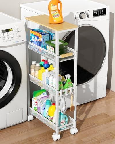 TIPGO Utility Slim Storage Cart, 4 Tier Rolling Cart with Wheels, Narrow Storage Cabinet for Bathroom, Laundry Shelves for Room Organization, Small Organizer for Kitchen, Office and Dorm (White)