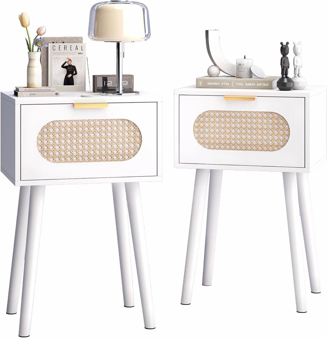 Nightstands Set of 2, Bedside Table with Rattan Door, Boho End Table with Solid Wood Legs for Bedroom, Living Room, Small Space Nightstands, White Color, HNS001W