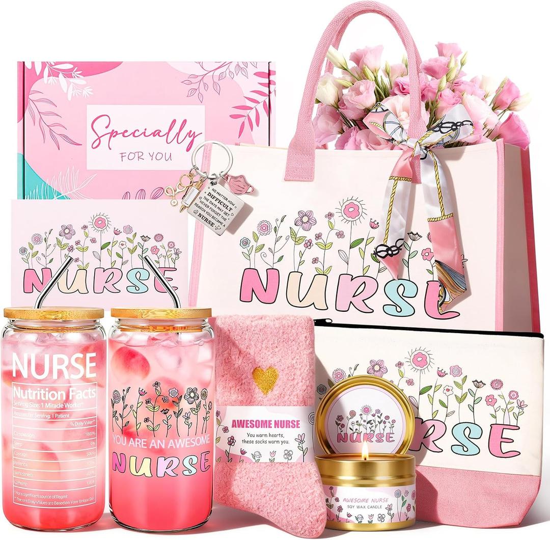JOYOFUN Nurse Gifts Nurse Appreciation Gift Set for Women Birthday Gift for Nurses Week Nurses Graduation Gifts Nursing Student with Canvas Bag Socks Affirmations Cards 16 Oz Can Glass