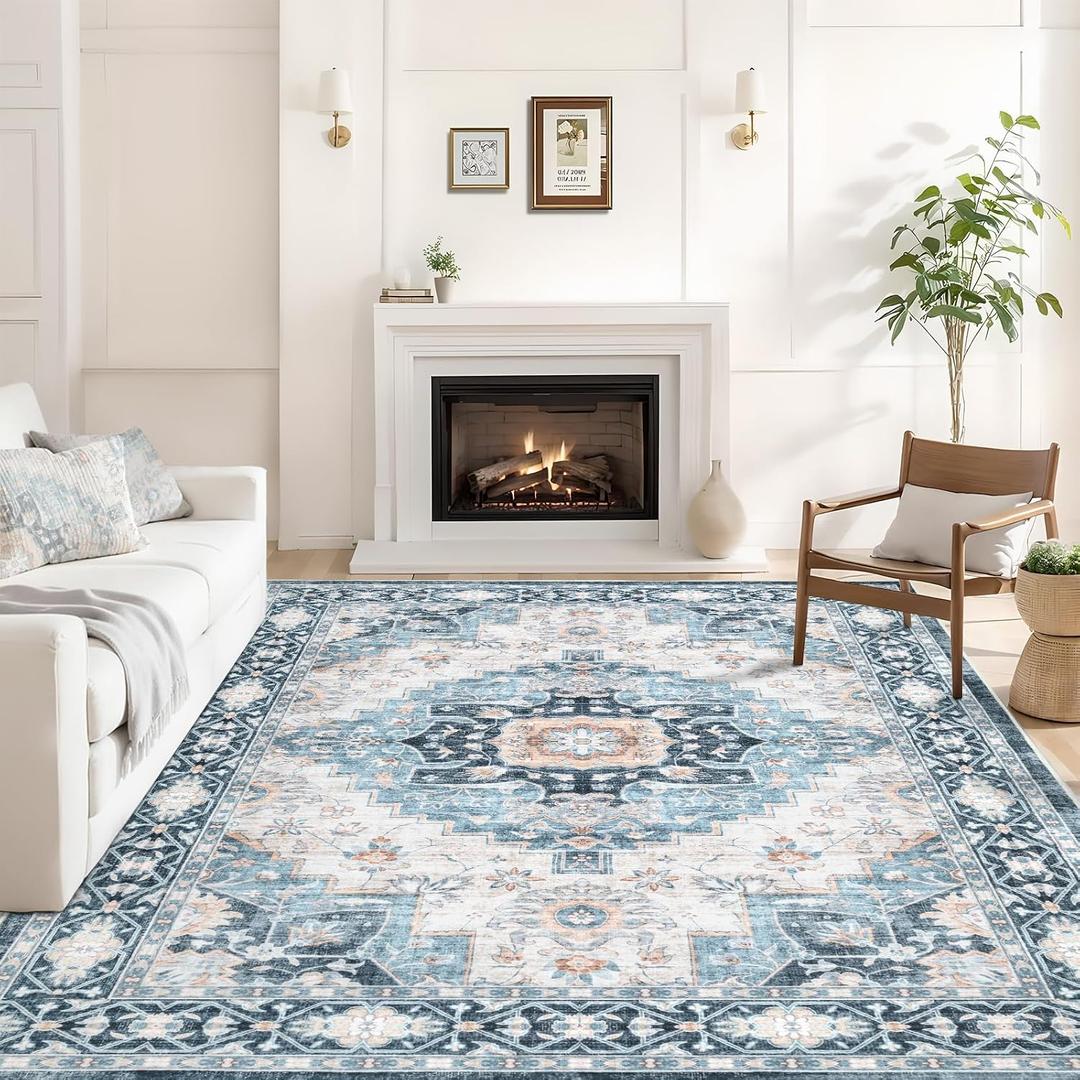 Washable 8 x 10 Area Rug for Living Room, Vintage Floral Rug Soft Non Slip Stain Resistant Boho Carpet for Indoor Bedroom Dinning Room Home Office Blue/Ivory